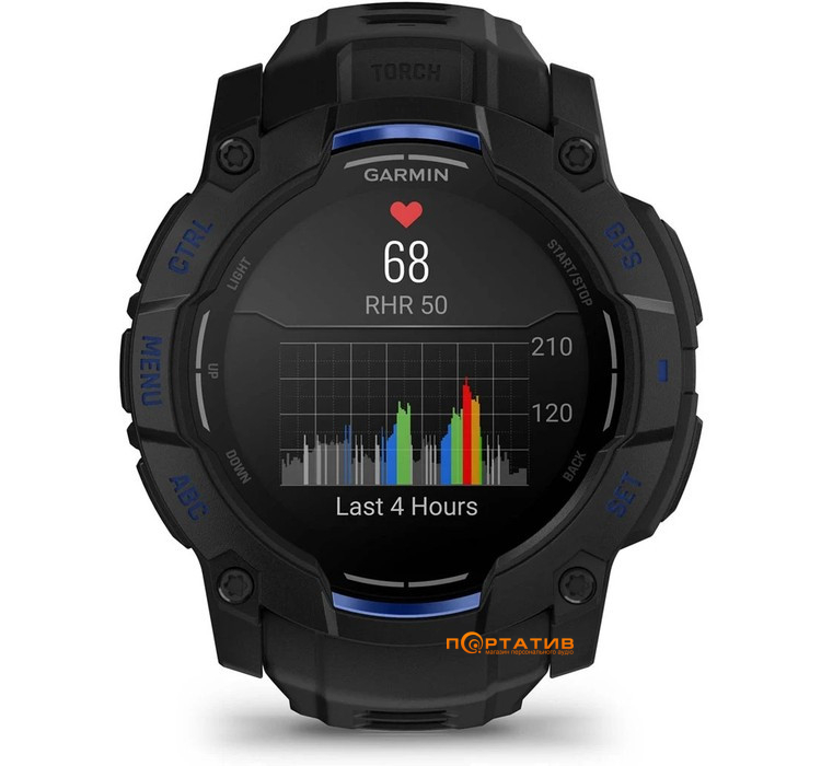 Смарт-часы Garmin Instinct 3 – 50 mm, AMOLED Black with black/bolt blue silicone band (010-03020-03)