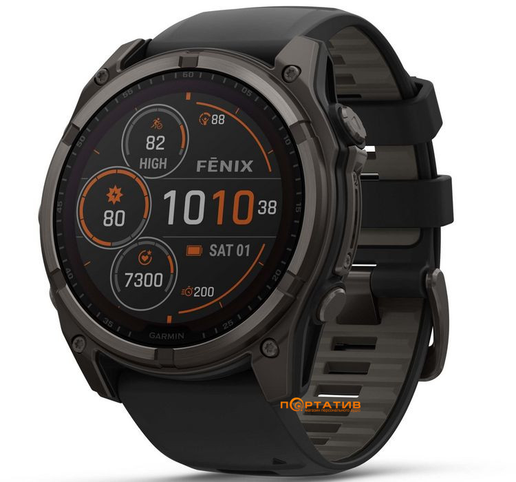 Смарт-годинник Garmin Fenix 8 51 mm Solar Sapphire, Carbon grey DLC titanium with Black/pebble grey silicone band (010-02907-11)