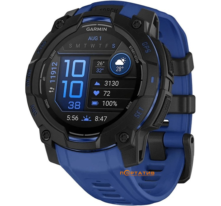 Смарт-часы Garmin Instinct 3 – 45 mm, AMOLED Black with bolt blue/black silicone band (010-02936-03)