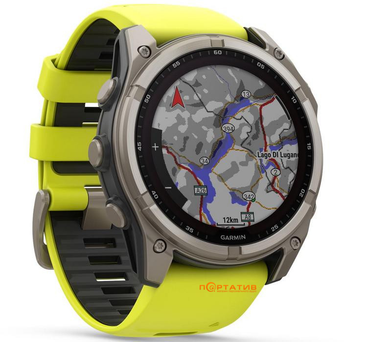 Смарт-годинник Garmin Fenix 8 51 mm Solar Sapphire, Titanium with Amp yellow/graphite silicone band (010-02907-21)