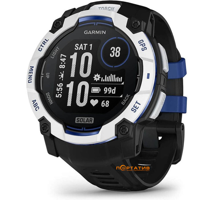 Смарт-часы Garmin Instinct 3 – 50 mm, Solar, Whitestone with black/bolt blue silicone band (010-02935-03)