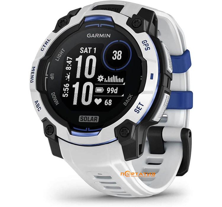 Смарт-годинник Garmin Instinct 3 – 45 mm, Solar,  Whitestone with whitestone/bolt blue silicone band (010-02934-03)