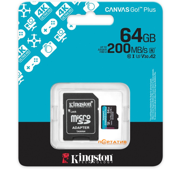 Карта пам'яті Kingston microSDXC 64GB UHS-I U3 A2 V30 Canvas Go Plus + SD Adapter (SDCG4/64GB)