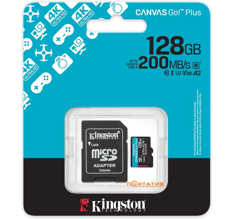 Карта пам'яті Kingston microSDXC 128GB UHS-I U3 A2 V30 Canvas Go Plus + SD Adapter (SDCG4/128GB)