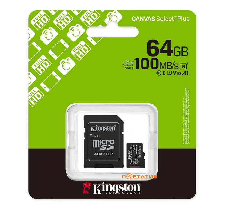 Kingston microSDXC 64GB UHS-I U1 A1 V10 Canvas Select Plus + SD Adapter (SDCS3/64GB)