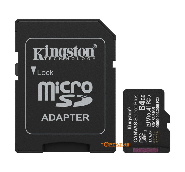 Kingston microSDXC 64GB UHS-I U1 A1 V10 Canvas Select Plus + SD Adapter (SDCS3/64GB)