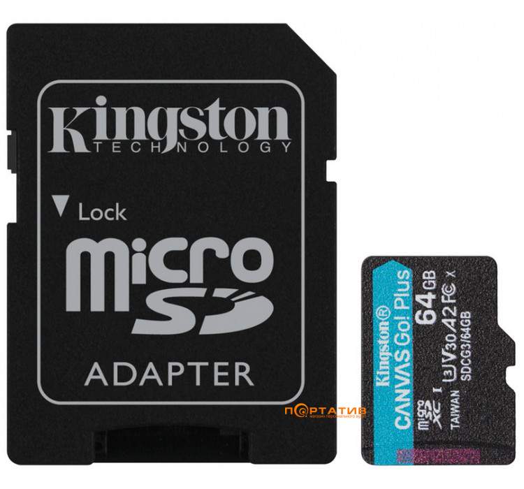 Kingston microSDXC 64GB UHS-I U3 A2 V30 Canvas Go Plus + SD Adapter (SDCG3/64GB)