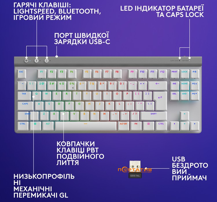 Клавиатура Logitech G515 Lightspeed TKL Wireless Gaming White (920-012539)