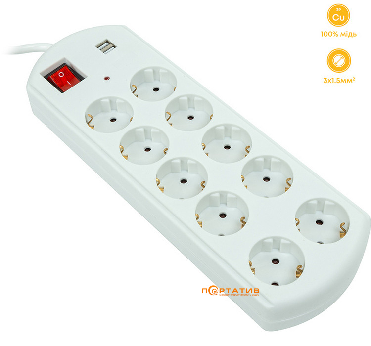 Мережевий фільтр  PowerPlant 5 м, 10 розеток, 10А, 2xUSB 2.1A (EX610556)