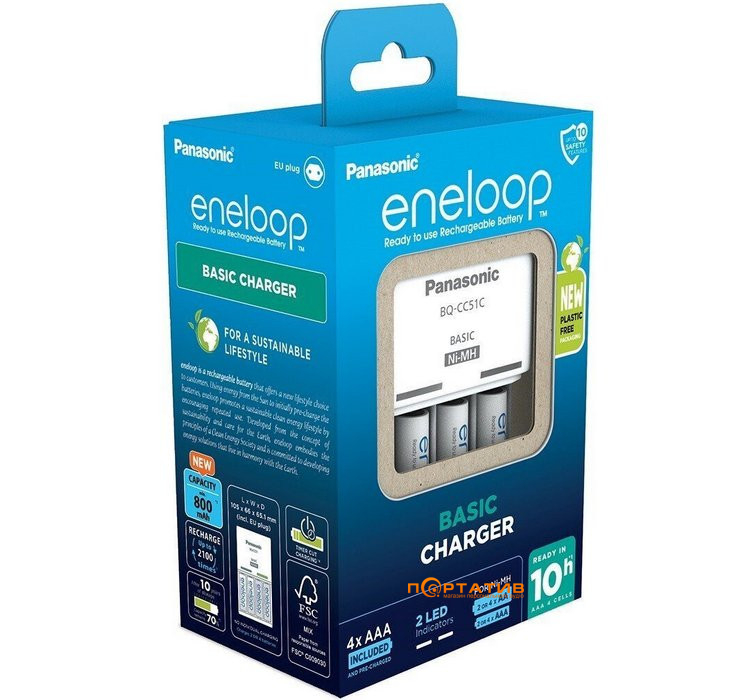 Зарядное устройство Panasonic Basic Charger + Eneloop 4AAA 800 mAh NI-MH (K-KJ51MCD04E)