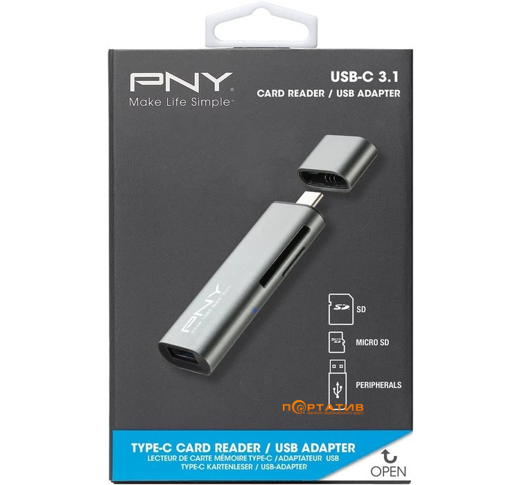 Кардридер PNY USB-C to MicroSD/SD, USB-A Adapter (R-TC-UA-3N1E01-RB)