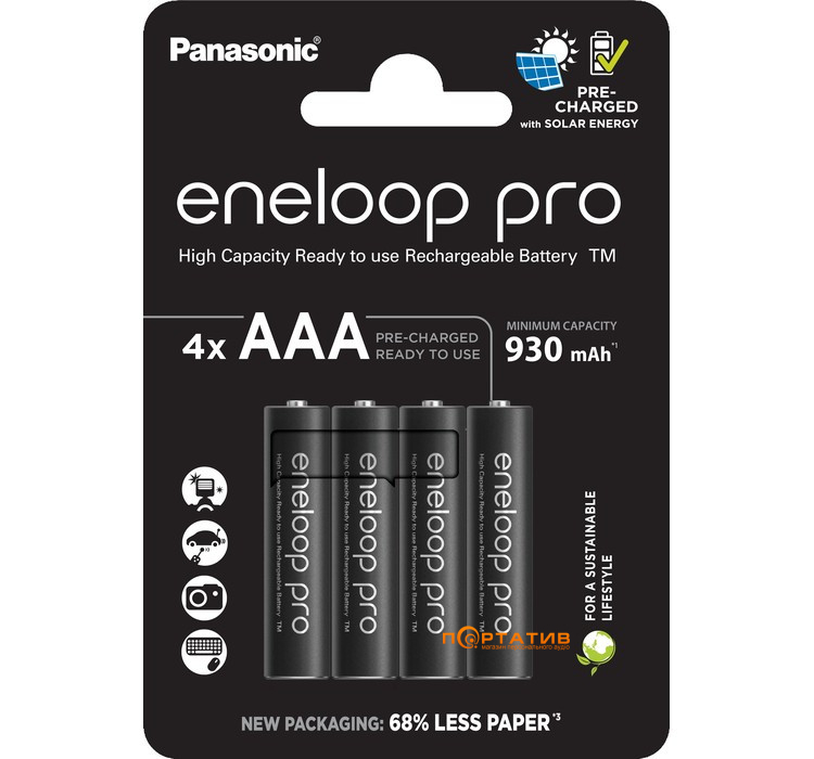 Акумулятори Panasonic Eneloop Pro AAA 930 mAh 4BP Ni-MH (BK-4HCDE4CP)