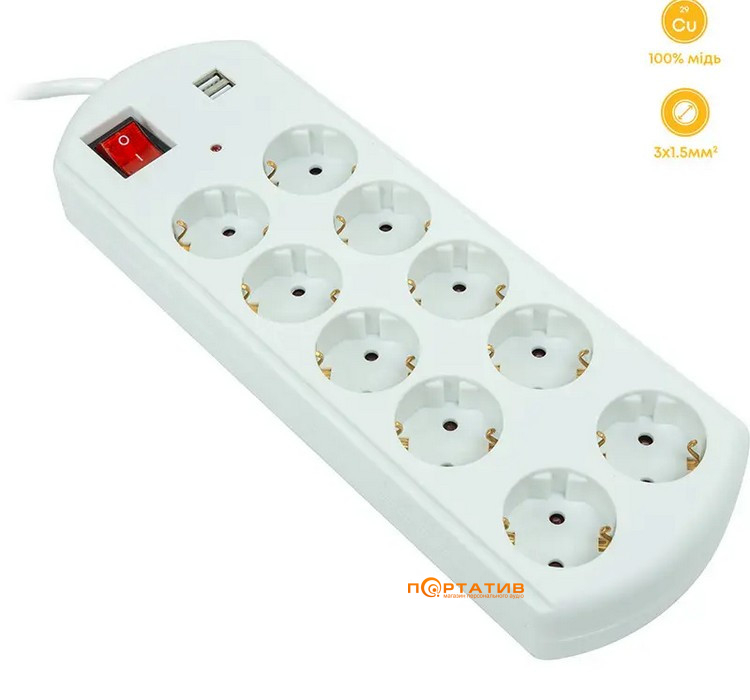 Мережевий фільтр PowerPlant 10 м, 10 розеток, 10А, 2xUSB 2.1A (YS-N6065/10)