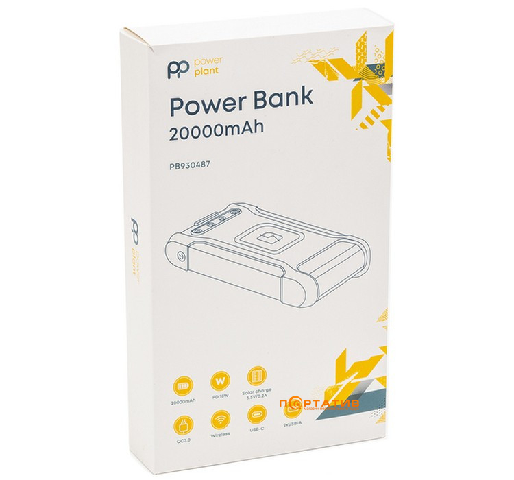 Зовнішній акумулятор PowerPlant 20000mAh, PD 18W, USB-C, 2xUSB-A, QC3.0, Wireless, Solar Panel (PB930487)