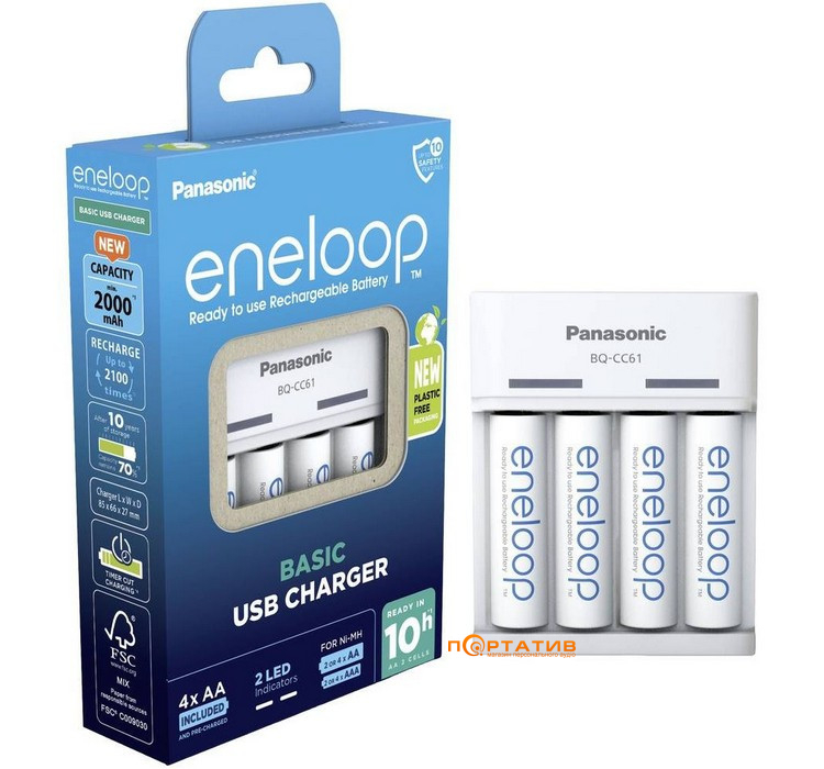 Зарядний пристрій Panasonic Basic Charger USB + Eneloop 4AA 2000 mAh NI-MH (K-KJ61MCD40USB)
