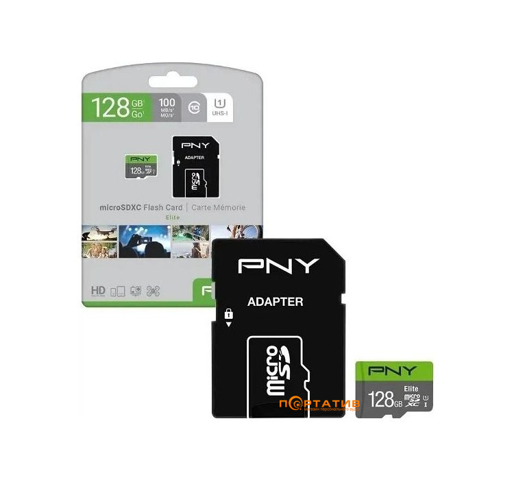 Карта памяти PNY Elite microSDXC 128GB Class 10 + SD Adapter (P-SDU128V11100EL-GE)