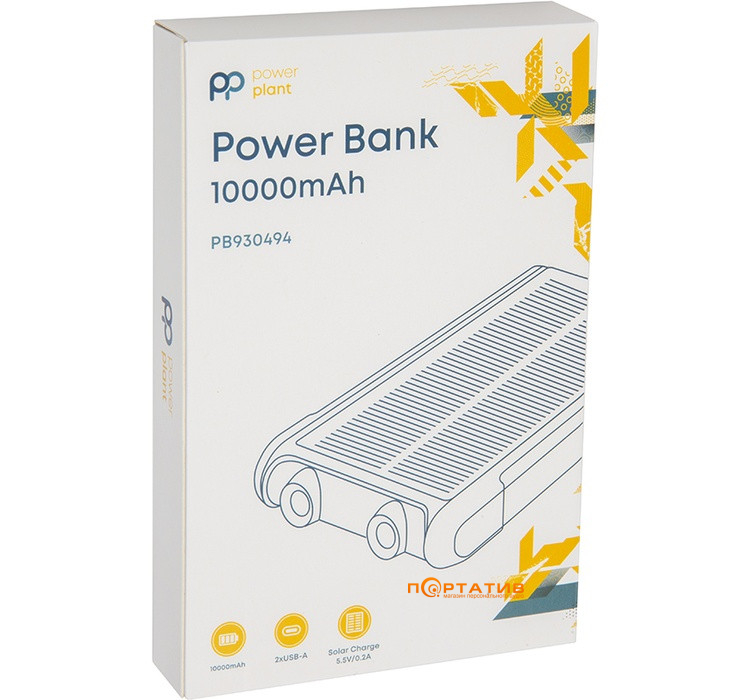 Внешний аккумулятор PowerPlant 10000mAh, 2xUSB-A, LED Light, Solar Panel (PB930494)