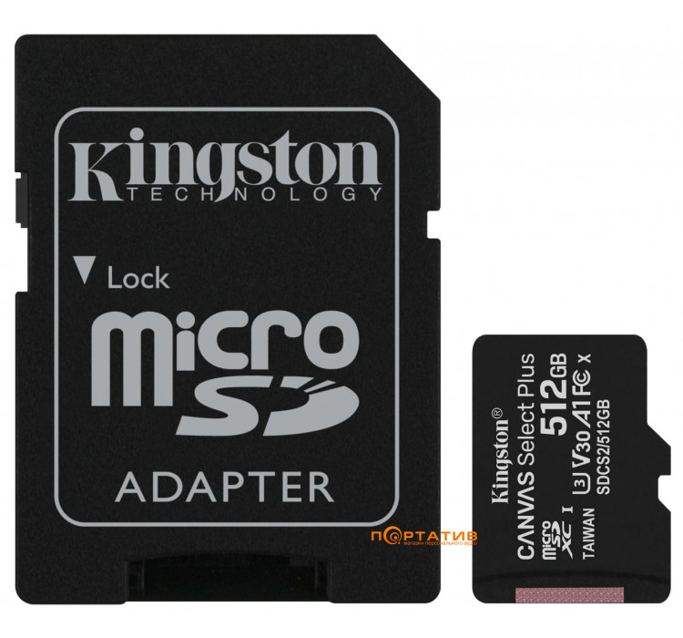 Kingston microSDXC 512Gb Canvas Select+ A1 (R100/W85) + SD-adapter (SDCS2/512GB)