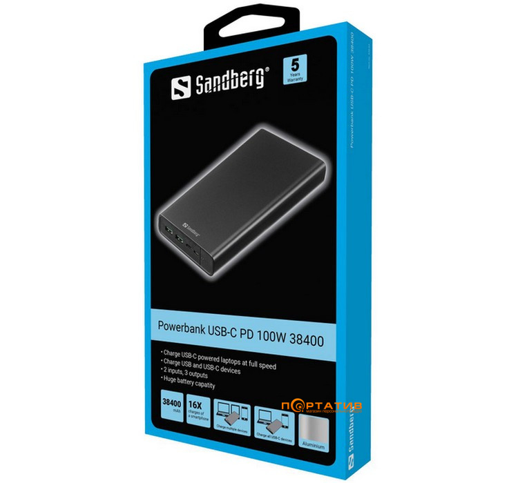 Зовнішній акумулятор Sandberg 38400mAh 100W Type-C PD, 2хUSB (420-63)