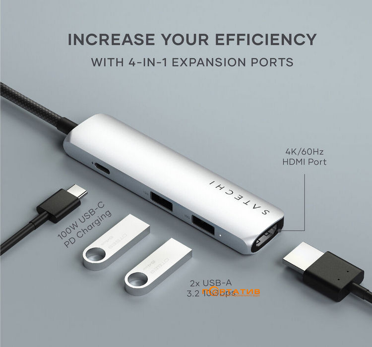 Хаб Satechi 4-in-1 USB-C Slim Multiport 4K Silver (ST-P4SS)