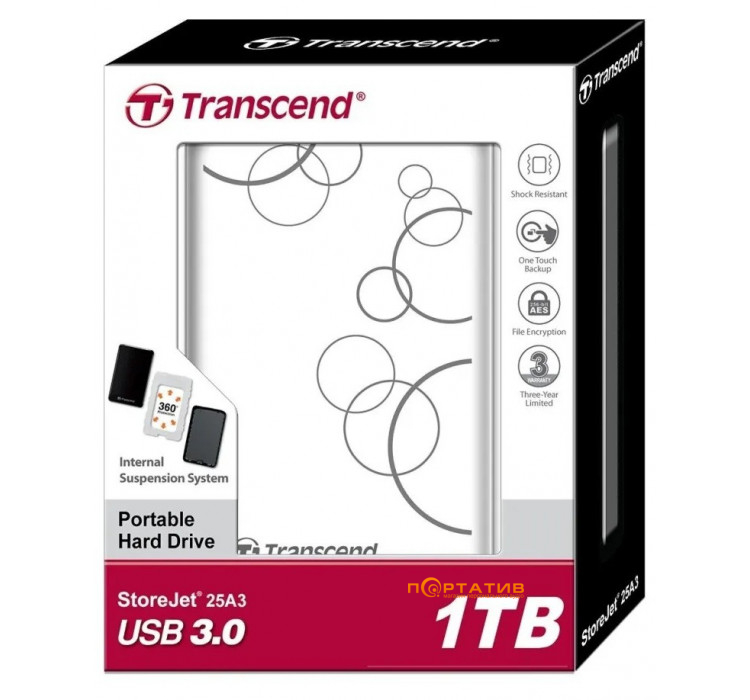 USB HDD накопичувач Transcend StoreJet 25A3 1TB USB 3.0 White (TS1TSJ25A3W)