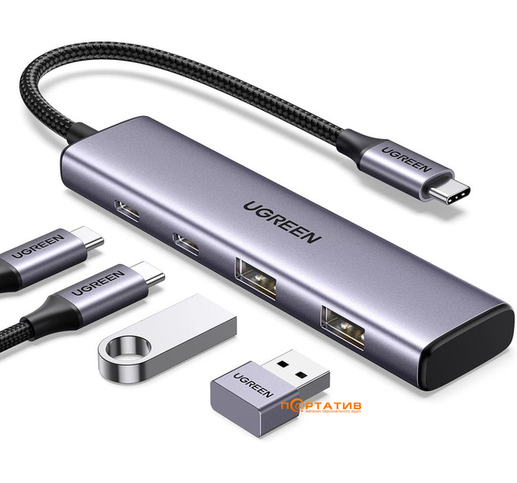 USB-хаб UGREEN CM473 USB-C to 2xUSB 3.0 + 2xUSB-C 5Gpbs Space Grey (15395)