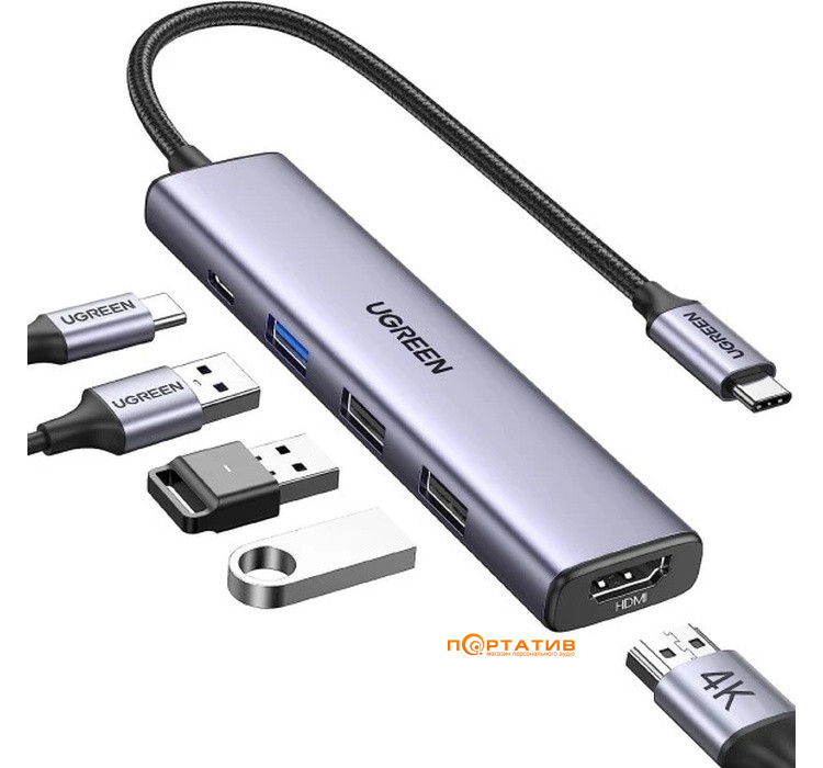 USB-хаб UGREEN CM478 USB-C to HDMI + USB-C + 3x USB-A Space Grey (15495)