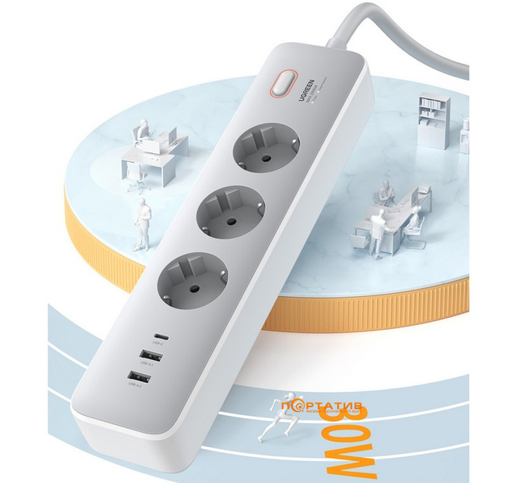 Сетевой фильтр Ugreen CD286, 3 розетки, 1xUSB-C, 2xUSB, 2м White (25357)