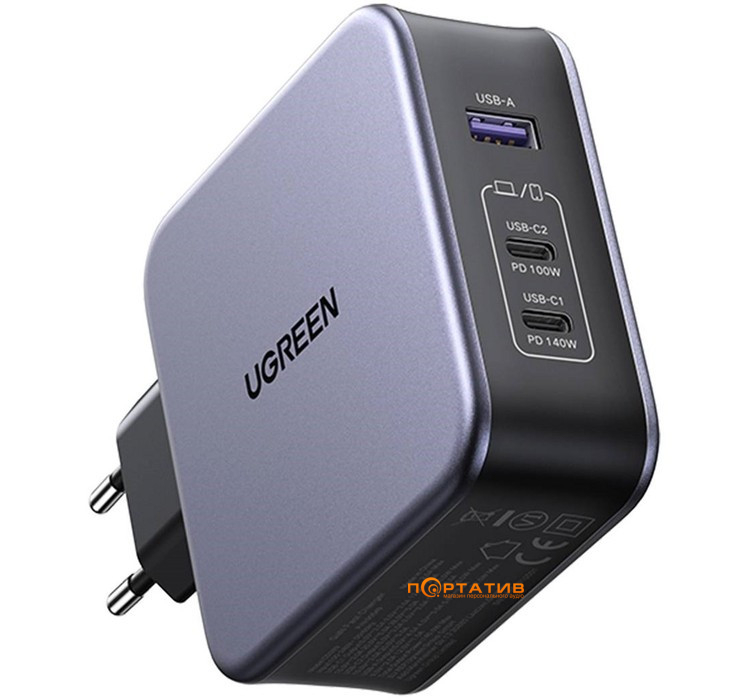 Зарядное устройство UGREEN CD289 140W 2xType-C PD, USB-A GaN Wall Charger + Type-C PD Cable Grey (90549)