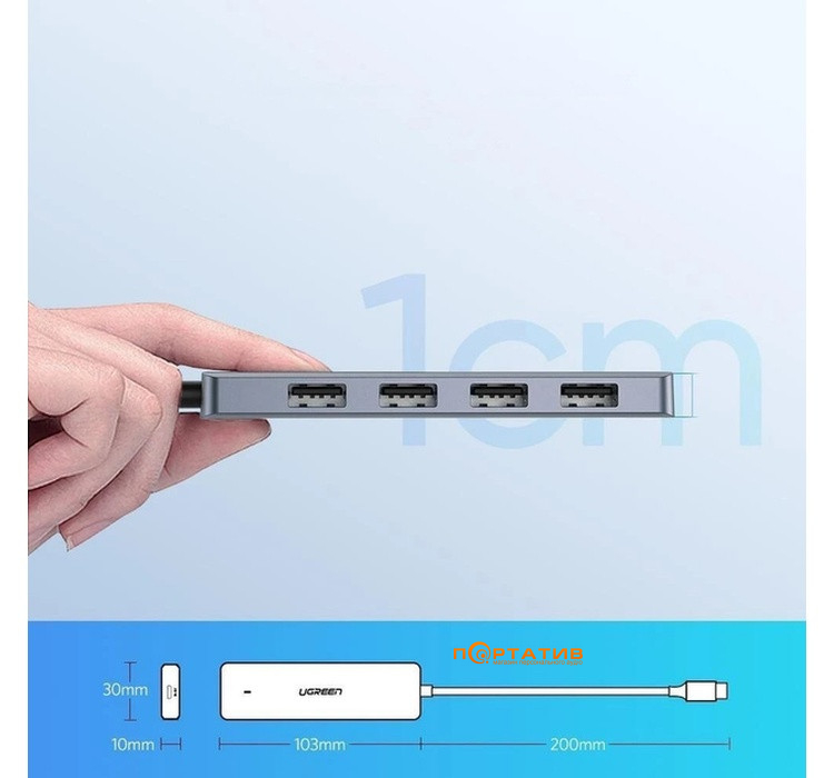 USB-хаб UGREEN CM219 4-in-1 USB Type-C to 4xUSB 3.0 HUB Space Gray (70336)