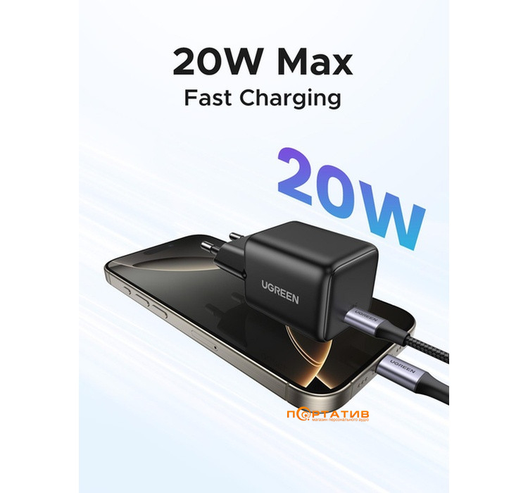 Зарядний пристрій UGREEN X512 USB-C 20W PD GaN Fast Charger Black (55553)