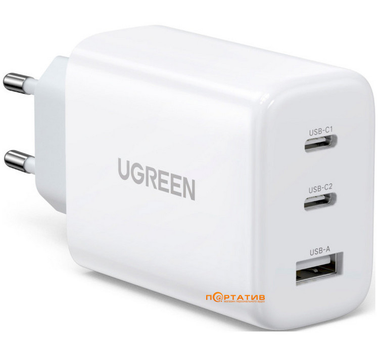 Зарядний пристрій UGREEN CD275 65W 2xUSB-C PD, USB-A Fast Charger White (90496)