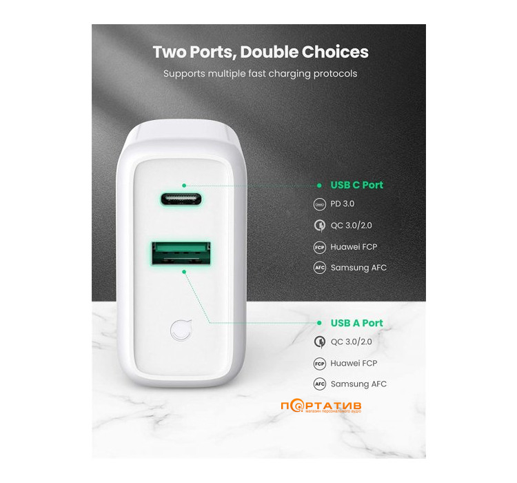 UGREEN Wall Charger CD170 USB + Type-C 36W White