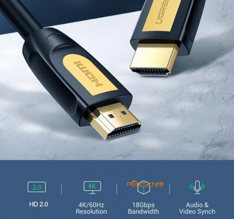 UGREEN HD101 HDMI Round Cable 1.5m Yellow/Black (10128)