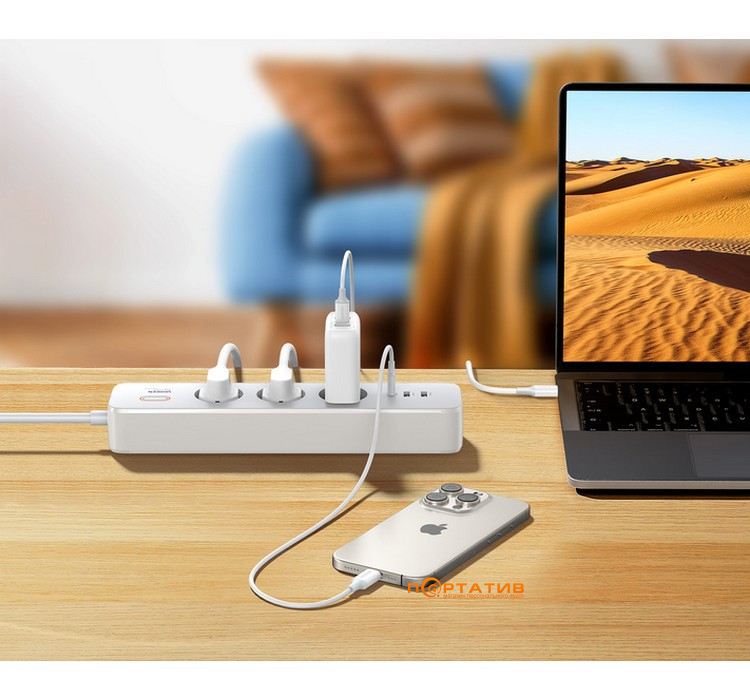 Сетевой фильтр Ugreen CD286, 3 розетки, 1xUSB-C, 2xUSB, 2м White (25357)