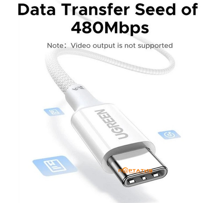 Кабель UGREEN L502 USB-C to USB-C 100W PD Cable 2m White (35221)
