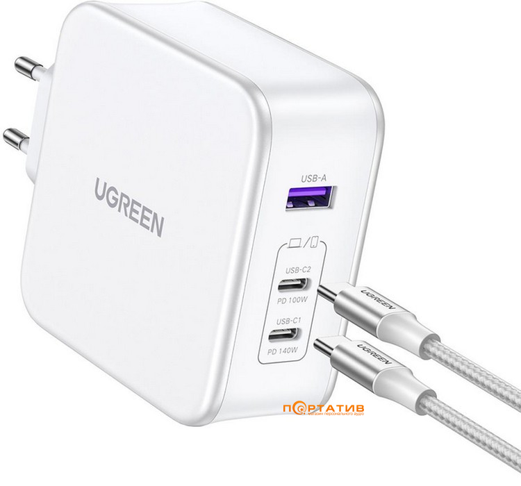 Зарядний пристрій UGREEN CD289 140W 2xType-C PD, USB-A GaN Wall Charger + Type-C Cable White (15339)