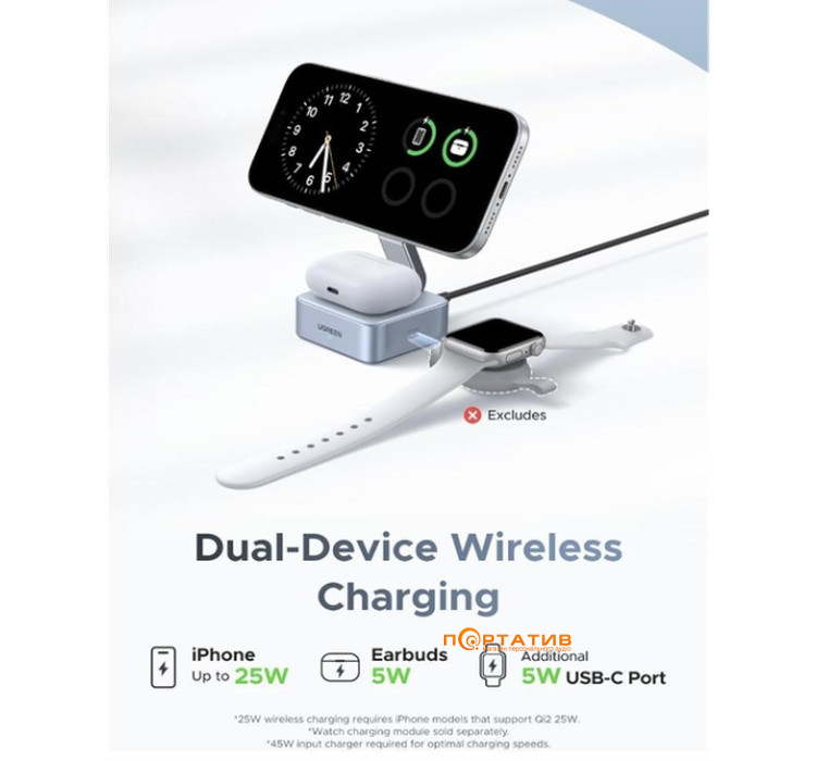 Зарядний пристрій UGREEN W752 2-in-1 Magnetic Wireless Charger 25W QI2.2 Starlight Blue (55960B)