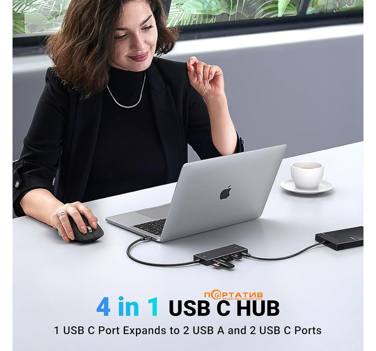 USB-хаб UGREEN CM806 USB-C to 2xUSB-A + 2xUSB-C 3.2 Gen2 10Gbps Black (35583)