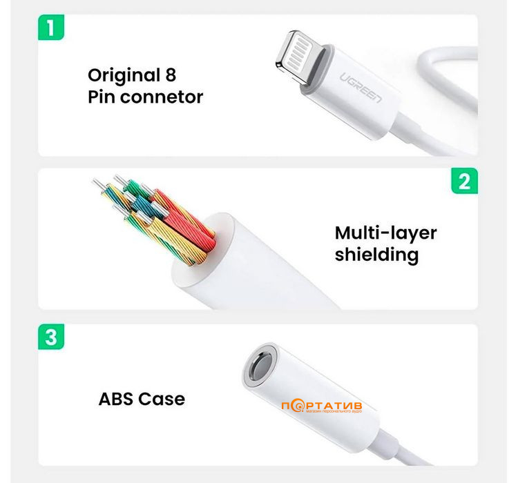 Кабель UGREEN US212 Lightning - 3.5mm F Cable 0.1m White (30759)