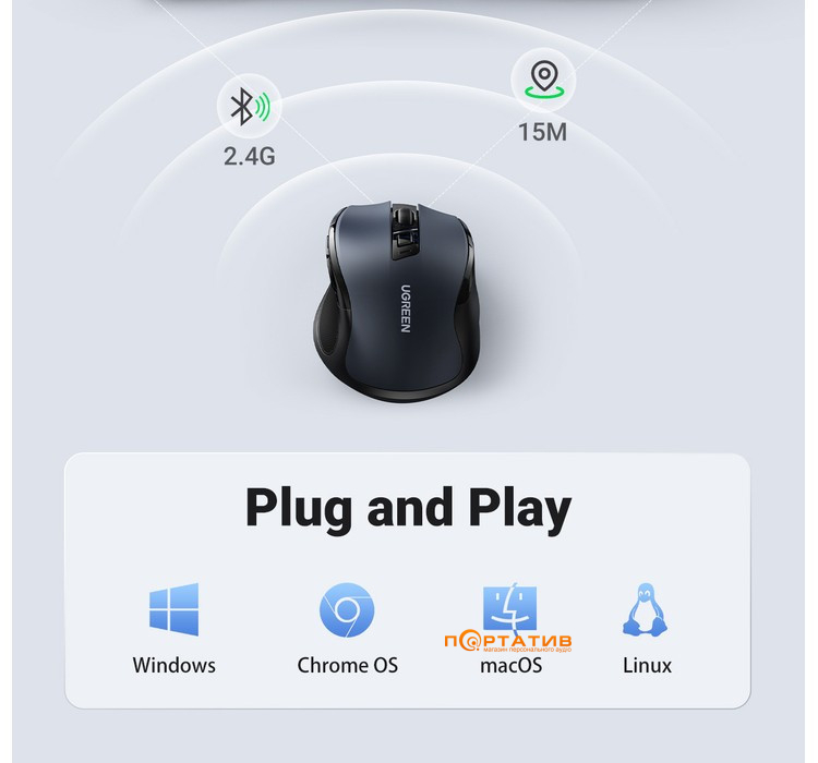 Мышь Ugreen Ergonomic Wireless Silent Mouse Gray MU006 (90545)