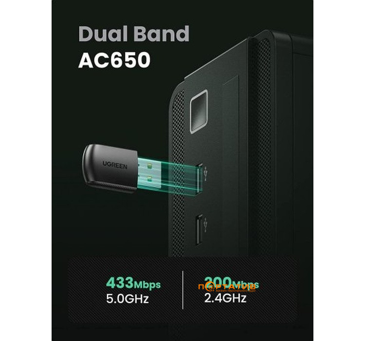 Адаптер Ugreen CM448 AC650 11ac Dual-Band Wi-Fi USB Adapter (20204)
