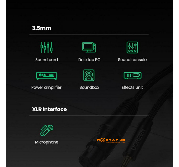 Кабель UGREEN AV182 3.5mm Male to XLR Female 1m Black (20763)