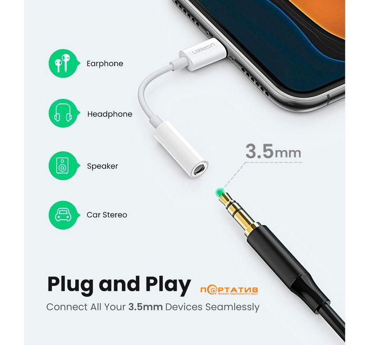Кабель UGREEN US212 Lightning - 3.5mm F Cable 0.1m White (30759)
