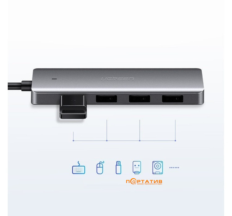 USB-хаб UGREEN CM219 4-in-1 USB Type-C to 4xUSB 3.0 HUB Space Gray (70336)