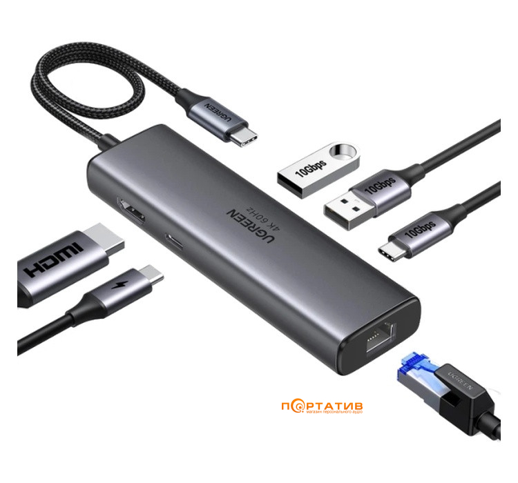 USB-хаб Ugreen CM512 USB-C to HDMI, RJ45, 2xUSB 3.2, 2x USB-C 3.2 Gray (45000)
