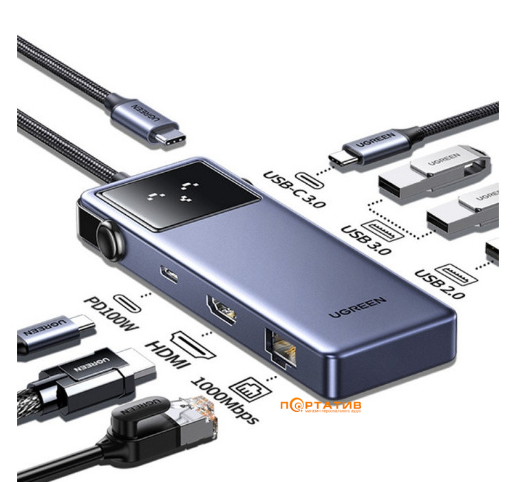 USB-хаб Ugreen CM888 7-in-1 USB-C to 3xUSB, 1xUSB-C, HDMI, RJ-45, PD 100W Gray (45155)