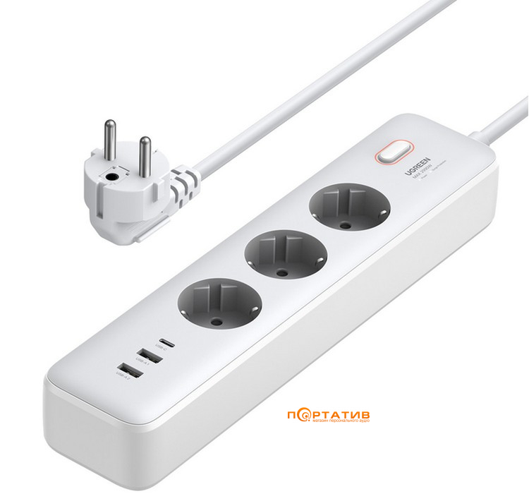 Сетевой фильтр Ugreen CD286, 3 розетки, 1xUSB-C, 2xUSB, 2м White (25357)