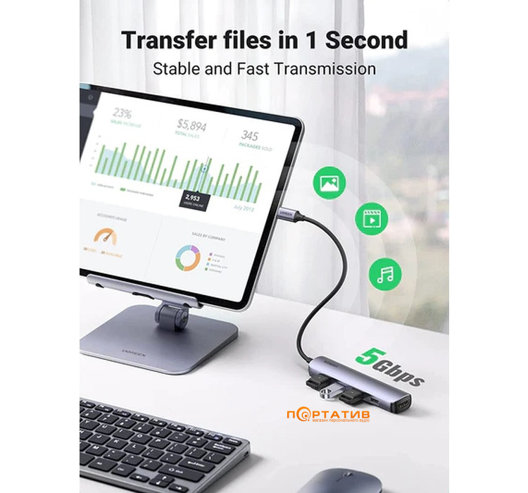 USB-хаб Ugreen CM417 USB-C to 4x USB 3.0, HDMI Adapter Space Gray (20197)