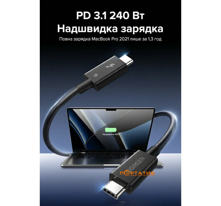Кабель UGREEN L703 USB-C to USB-C Thunderbolt 5 PD 240W 16K 1m Black (45996)